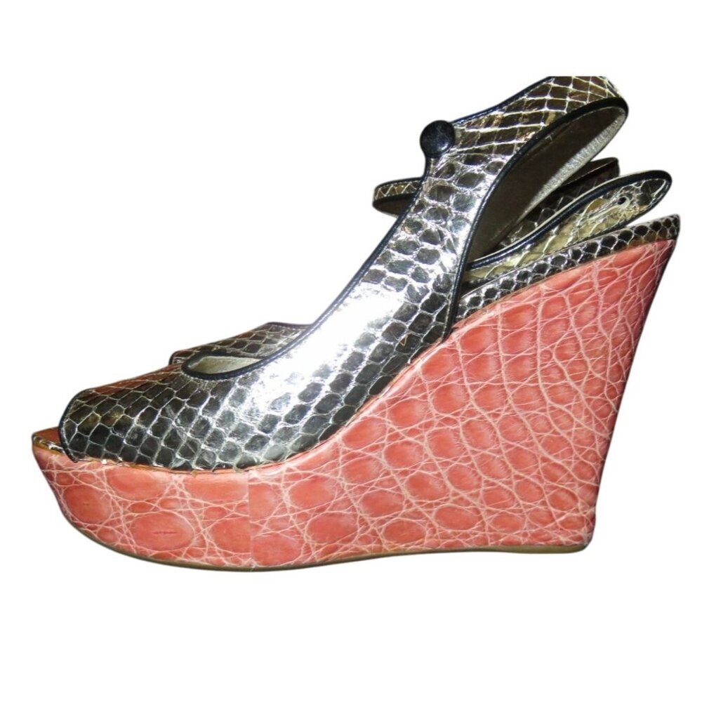 Prada Italian Snakeskin & Croc Embossed Leather Wedges Pink & Gold 37.5 US 7.5